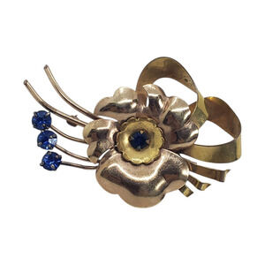 Vintage 1/20 12K Gold Filled Floral Brooch 3D Blue Rhinestones Two Harry Iskin